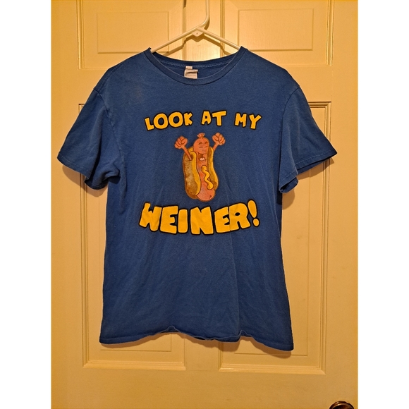 Look at my weiner blue short sleeve shirt size medium funny top unisex hotdog - Picture 6 of 12